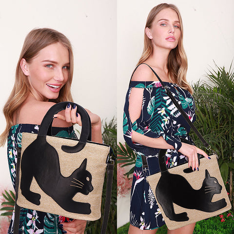 Women Straw Artificial Leather Cat Patch Crossbody Bag Large Capacity Versatile Beach Shoulder Handbag
