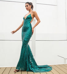 Love&Lemonade Sexy Green Deep V Neck Open Back Geometry Sequins Long Dress  LM81225