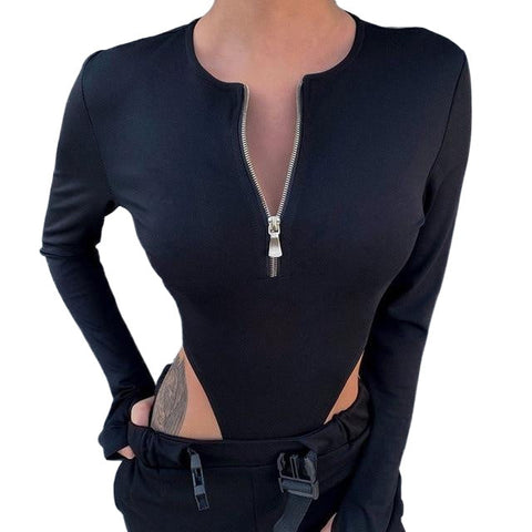 Fashionable Sexy Ladies' Zippered Long/Short Sleeve Cotton Bodysuits Black