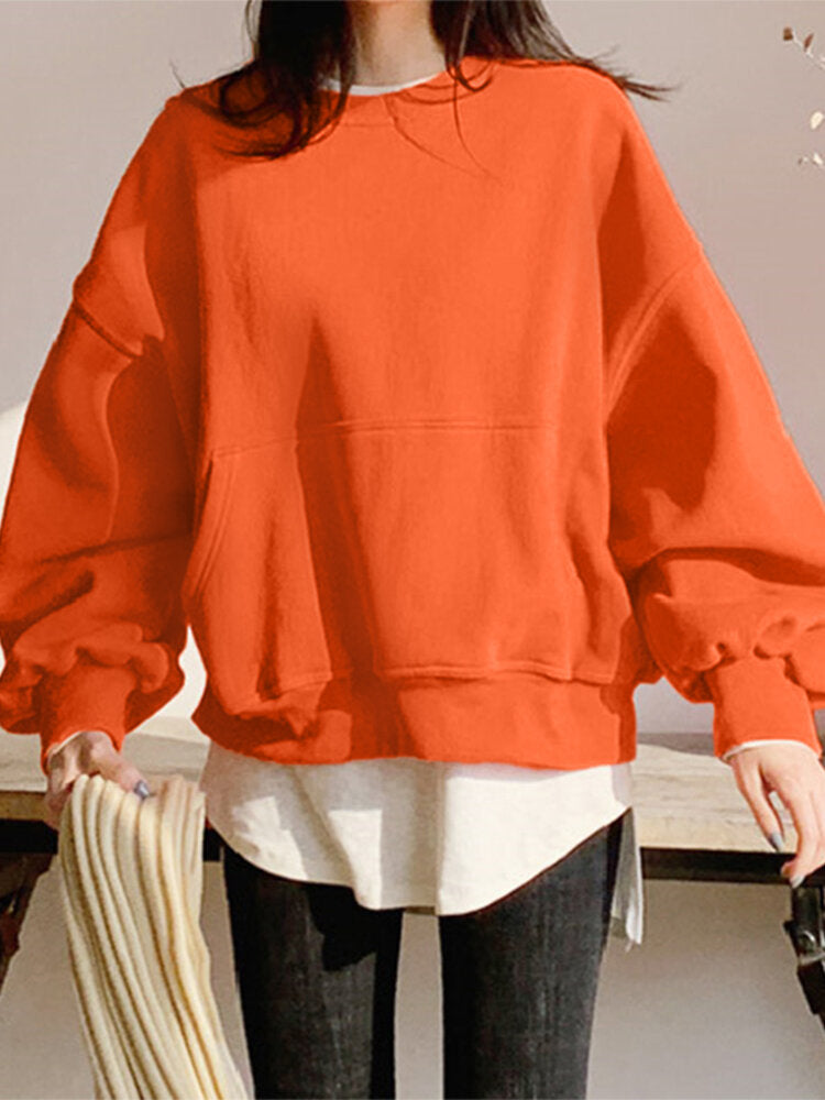 Women Solid Color Raglan Round Neck Kangaroo Pocket Long Sleeve Pullover Sweatshirt