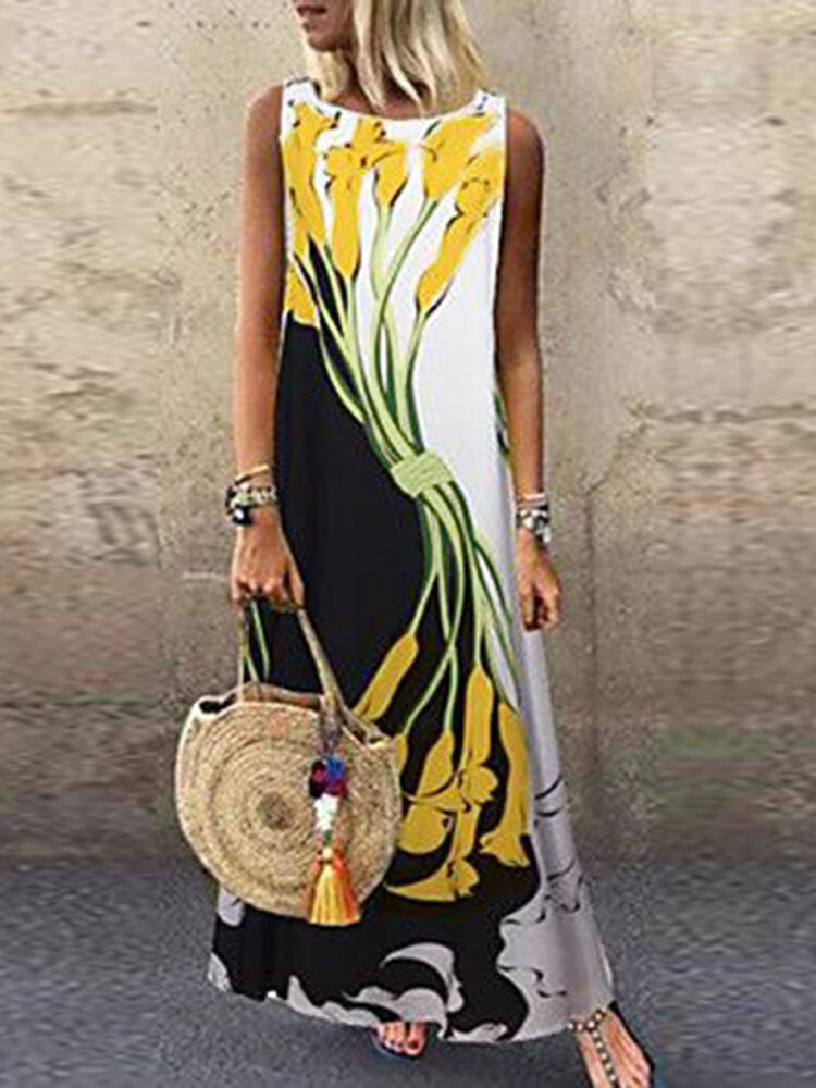 Women Flower Print Contrast Stitching Sleeveless Holiday Casual Maxi Dresses