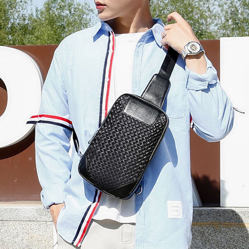 Men's Genuine Leather Embossed Chest Bag - Durable Outdoor Shoulder Bag