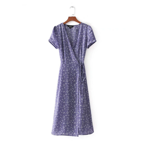Vintage Casual V-neck A-line Midi Wrap Dress With Floral Pattern