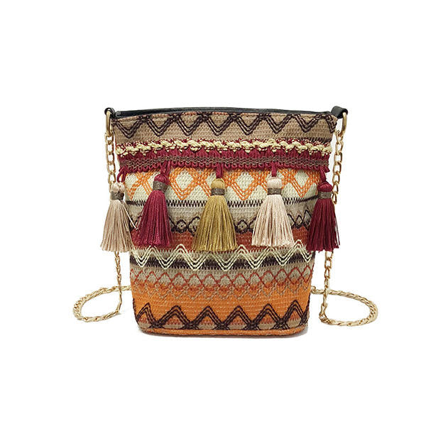 Women Weaving Tassel National Crossbody Bag Chic Bucket