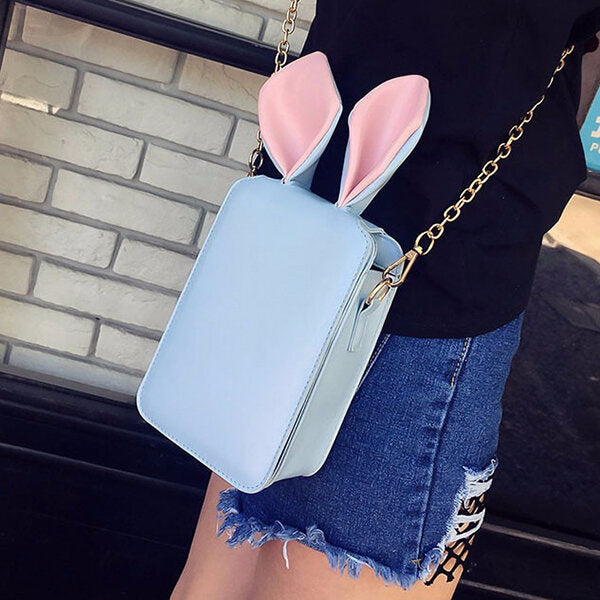 Women Cute Cartoon Rabbit Ear Chain Phone Bag Square Bucket Shoulder