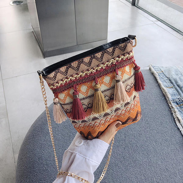 Women Weaving Tassel National Crossbody Bag Chic Bucket