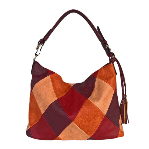 Women Faux Leather Fashion Color Block Tassel Crossbody Bag Shoulder