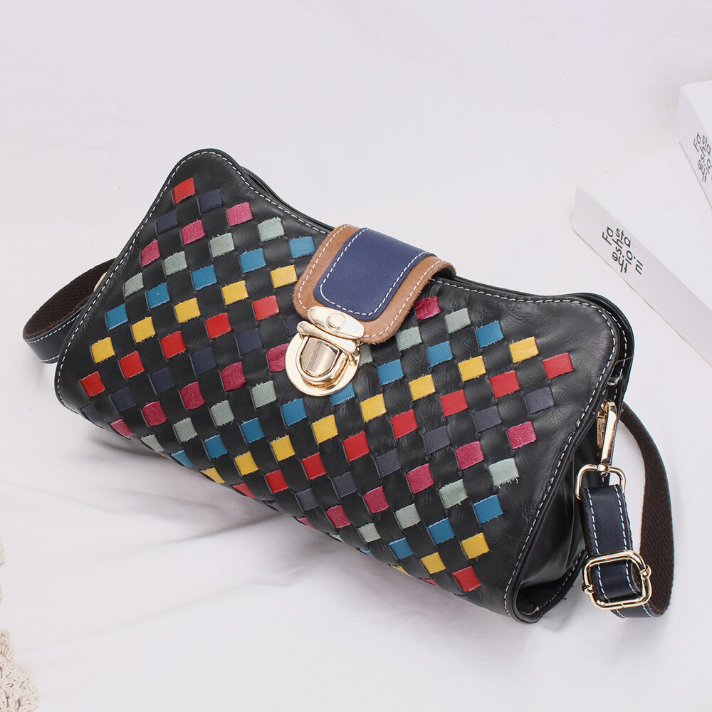 Women Genuine Leather Patchwork Phone Bag Crossbody Shoulder