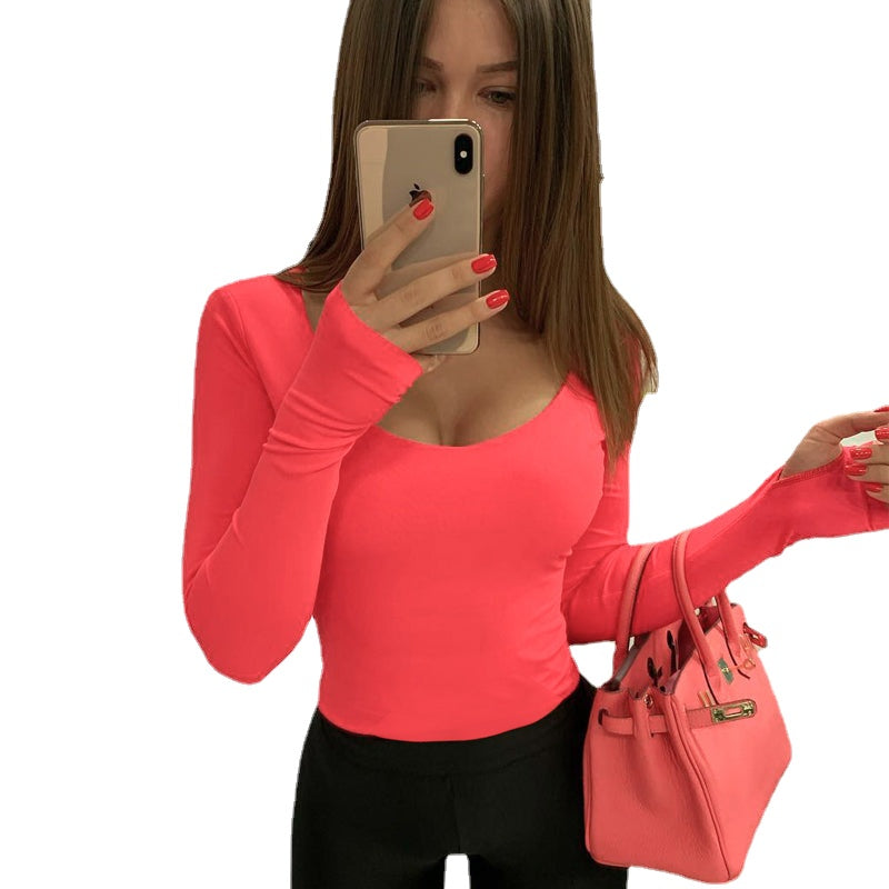 Solid Color Women's Chic Long-Sleeved Bottom T-shirt