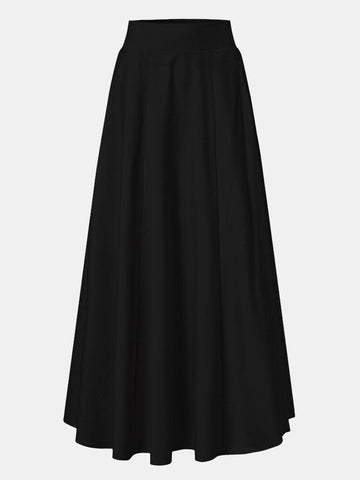 Women Solid Color A-Line Elastic Waist Casual Swing Skirts With Pocket