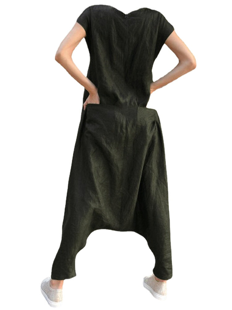 Women Short Sleeve O-neck Solid Color Harem Jumpsuit Overalls