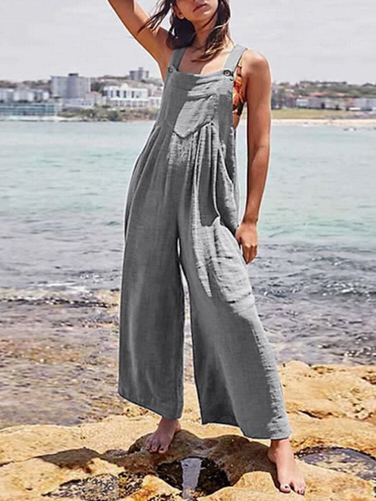 Solid Color Button Sleeveless Overalls Side Pocket Jumpsuit For Women