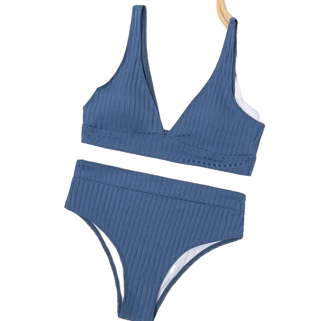 Stylish Spice Girls' Solid Ribbed High Waist V-neck Swimsuit