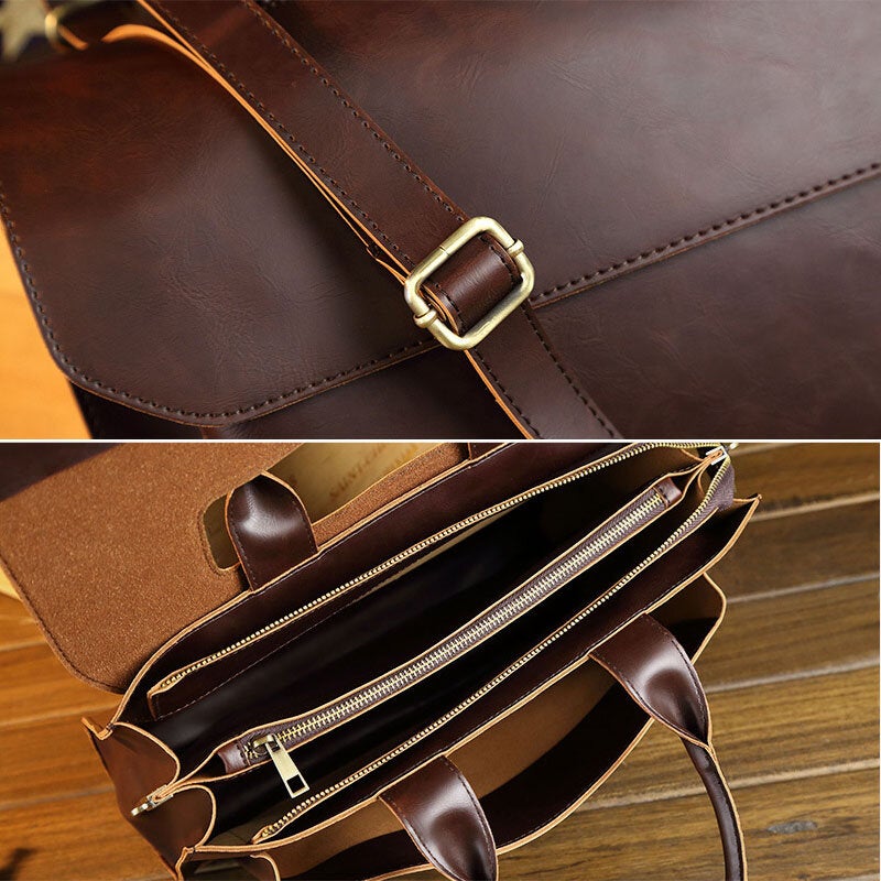 Men's Retro PU Leather Multi-Compartment Briefcase Messenger Bag