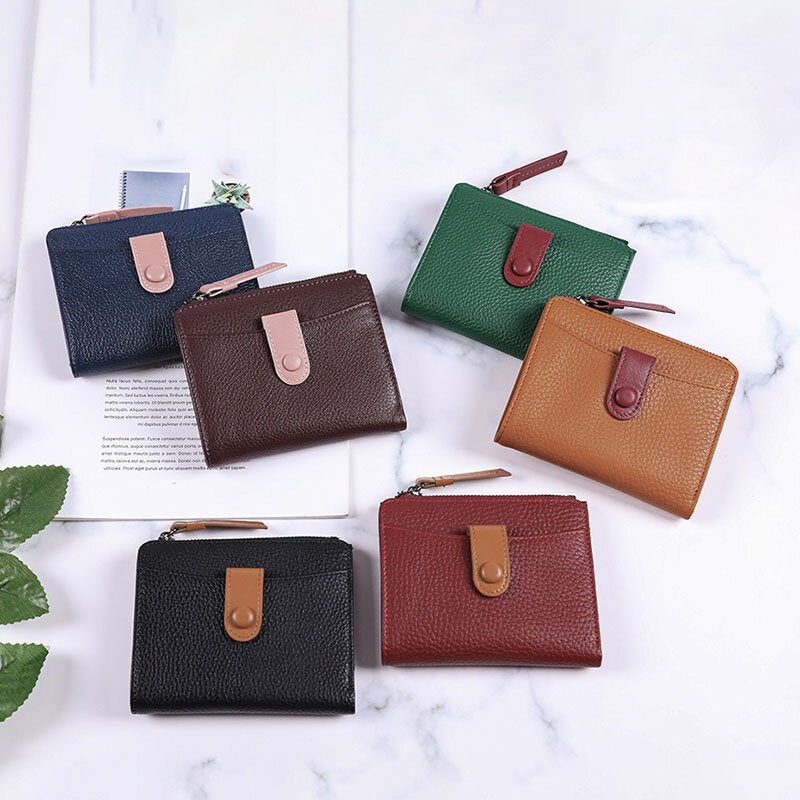 Women Genuine Leather Bifold Hasp Zipper Multifunction Coin Purse Money Clip Short Wallet