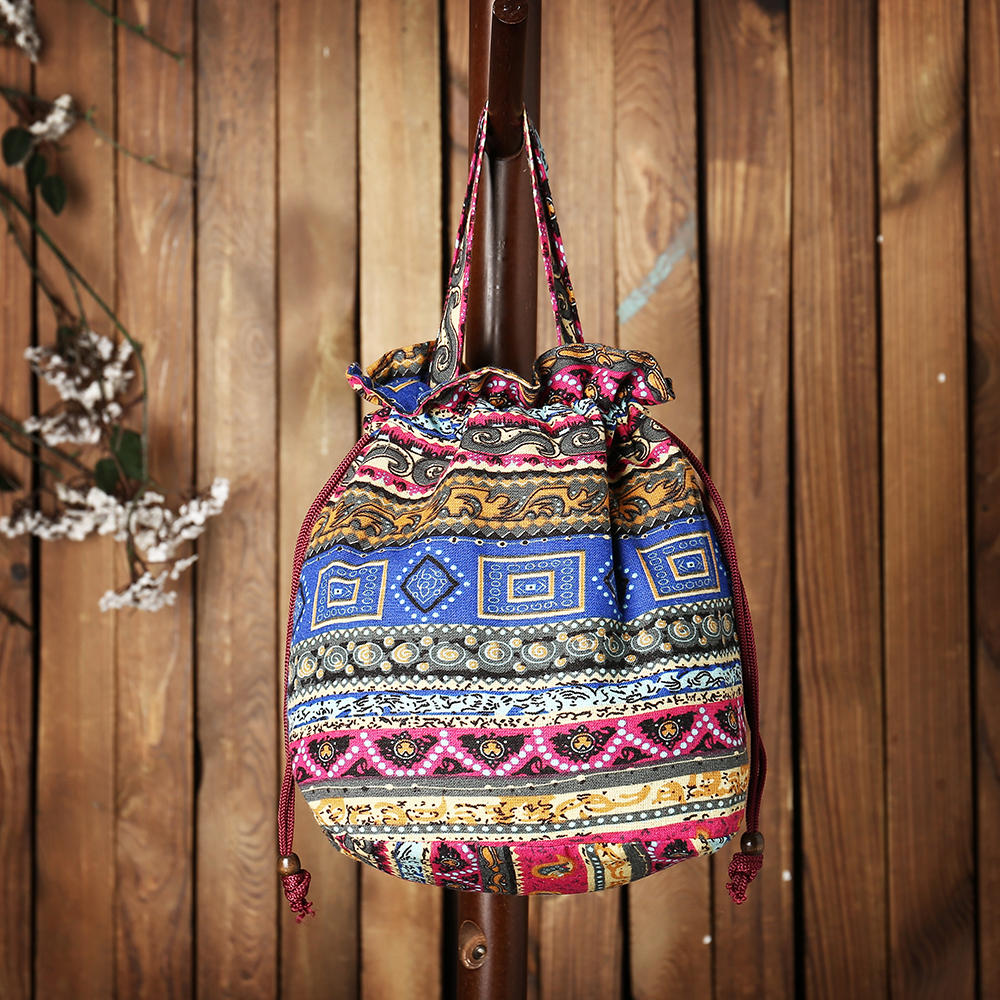 Women Ethnic Canvas String Bucket Bag Crossbody