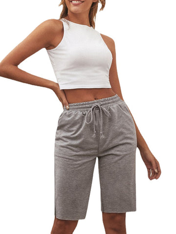 Women Sport Yoga Grey Drawstring Shorts Wth Pocket