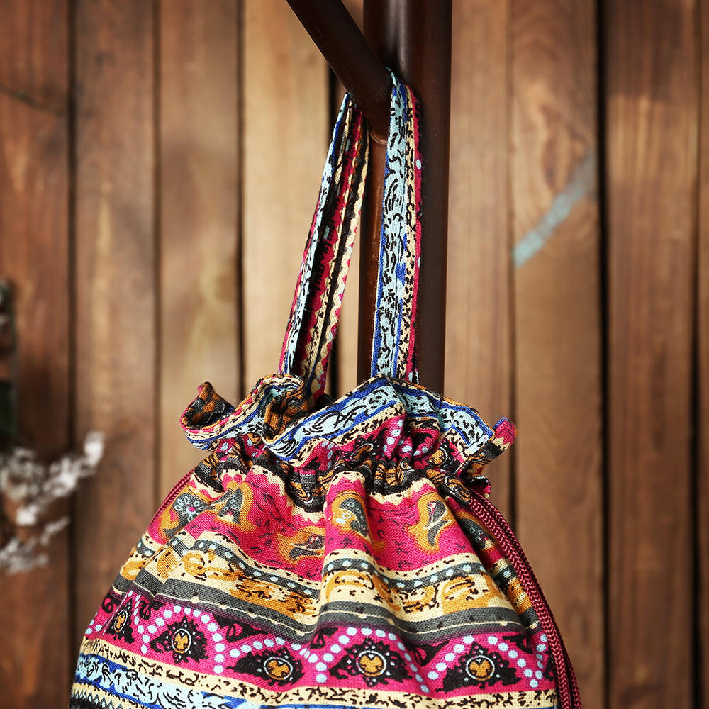 Women Ethnic Canvas String Bucket Bag Crossbody