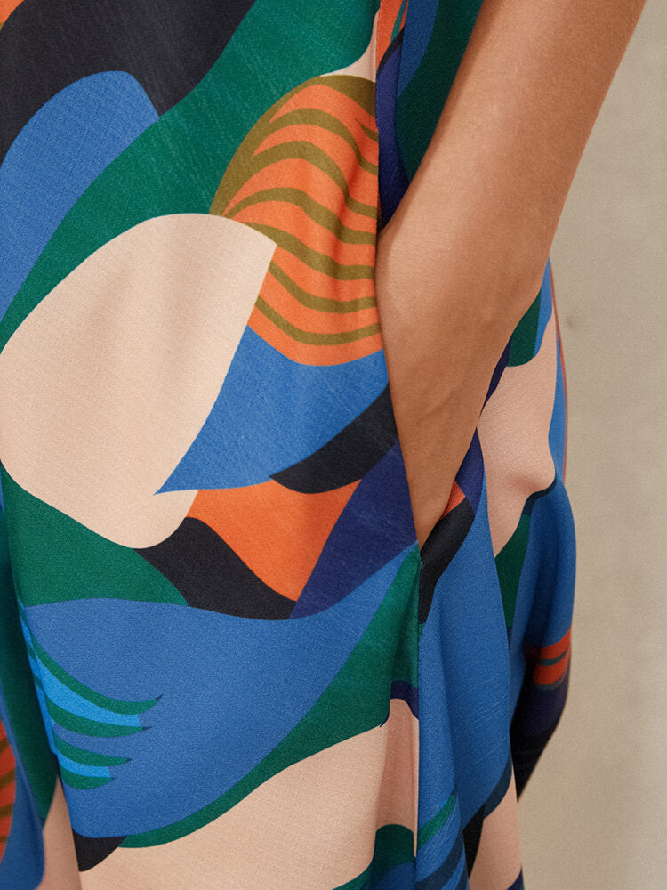 Multicolor Color Block Print Drawstring Pocket Strap Casual Jumpsuit