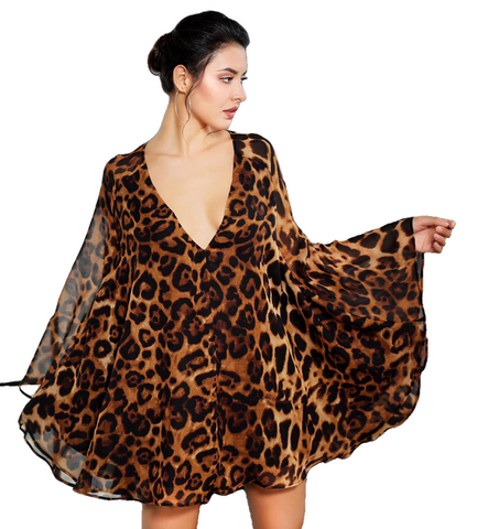 Love&Lemonade  Deep V-Neck Open Back Cloak Style Leopard Chiffon Dress LM81368