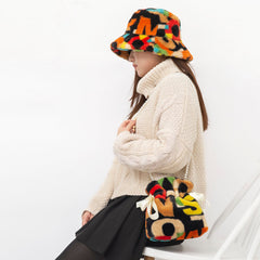 Women Plush Tie-dye Patchwork Pearl Bowknot Chain Shoulder Bag Crossbody