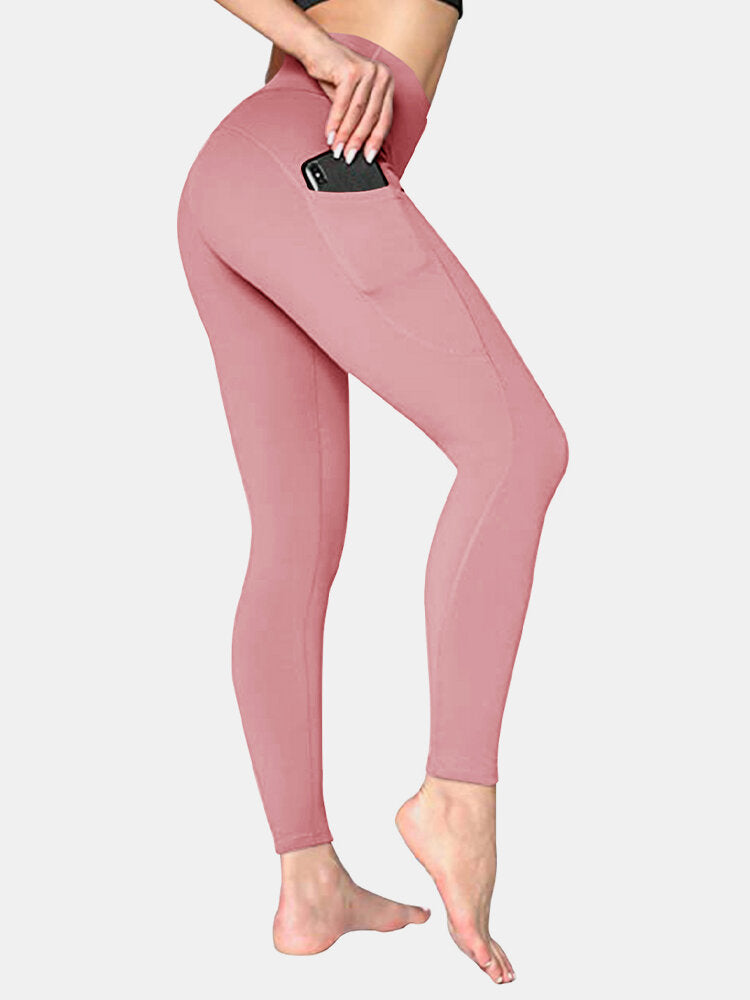 Women Solid Color Side Pocket Hip Lift Sport Yoga Legging