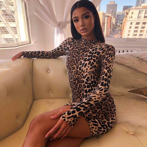 Long Sleeve High Neck Leopard Print Sexy Dress