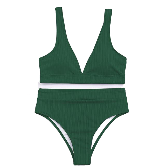 Stylish Spice Girls' Solid Ribbed High Waist V-neck Swimsuit