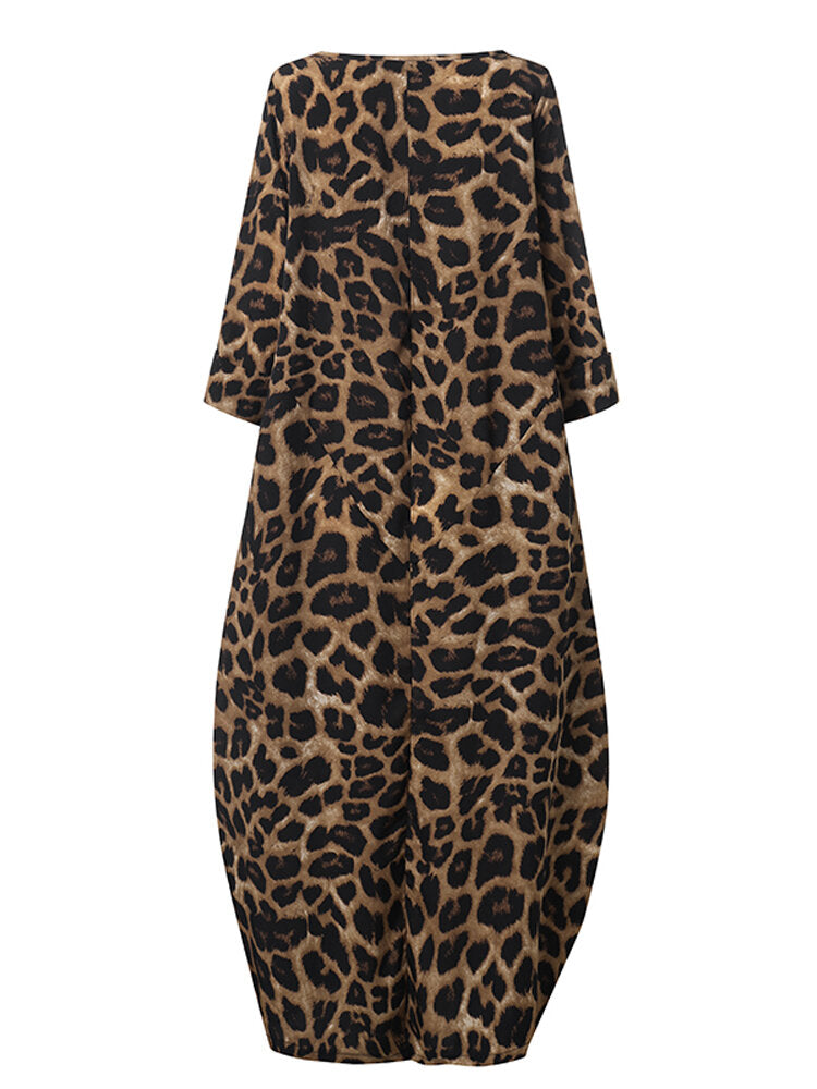 Women Leopard Print Crew Neck Loose Baggy Maxi Dress