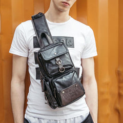 Men's Black Multi-Pocket Crossbody Chest Bag