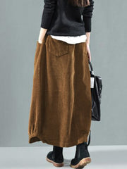 Women Corduroy Button Trim Elastic Waist Solid Retro Skirt With Pocket