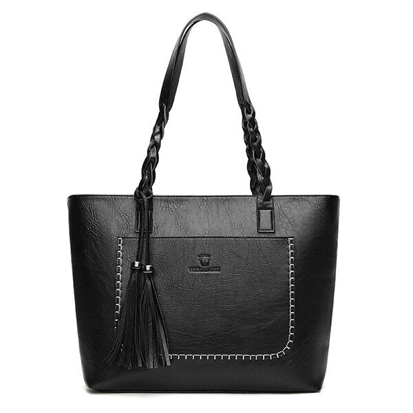 Women Retro Faux Leather Tote Bag Solid Tassel Leisure Shoulder Hangbag