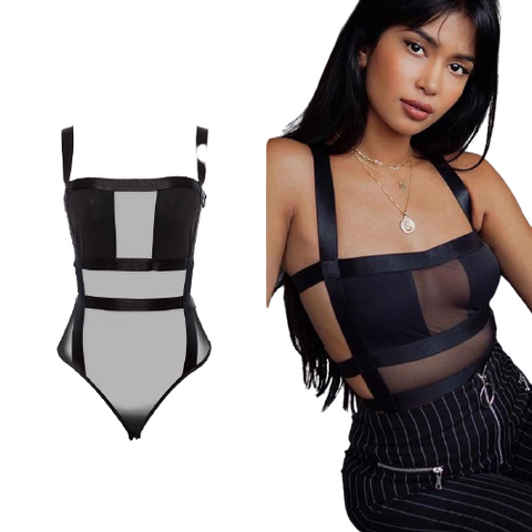 Casual Sexy Women's Hollow Out Mesh Bodysuit Black