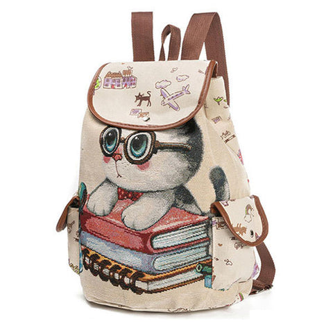 Canvas Casual Cartoon Cat Pattern School Bag Backpack Shoulder Bags Student