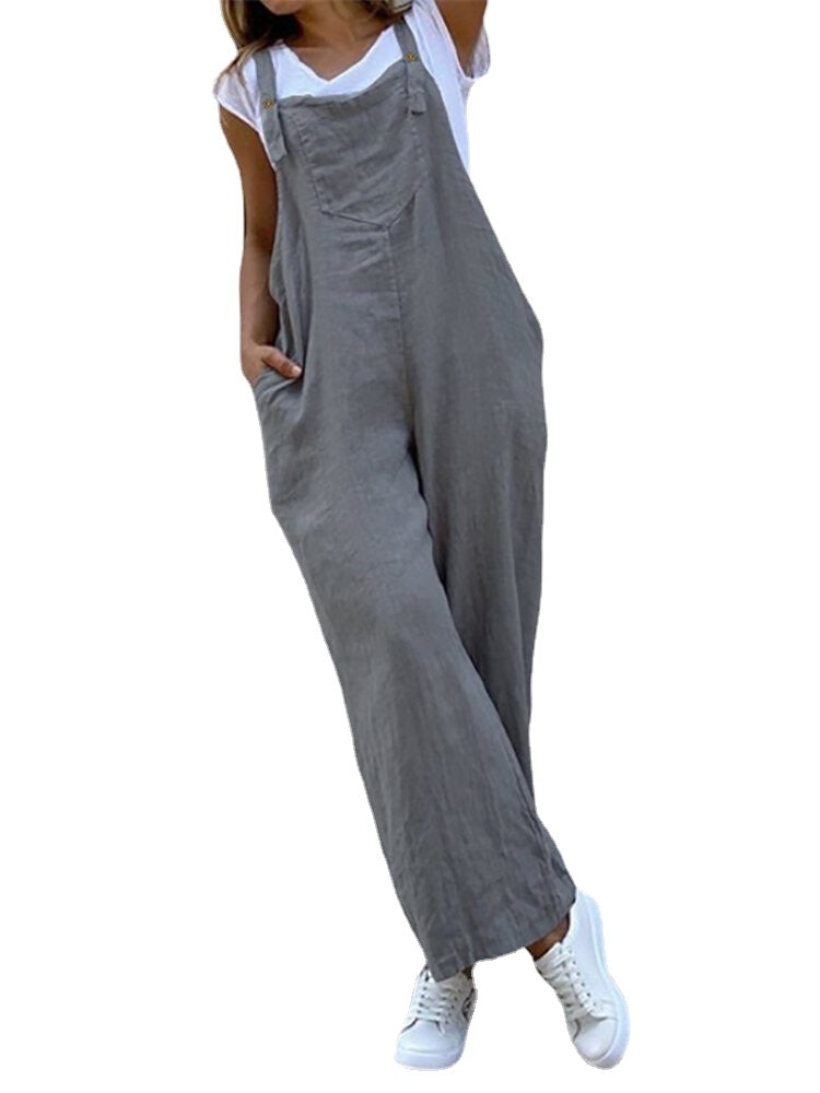 Women Simple 100% Cotton Leisure Solid Color Side Pockets Jumpsuit