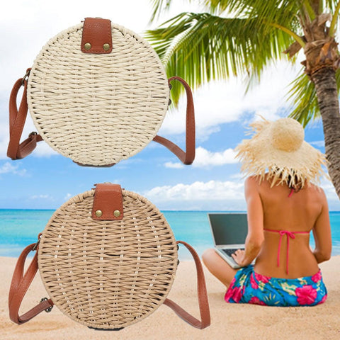 Women Summer Round Straw Shoulder Bag Vintage Woven Beach Tote Crossbody Handbag
