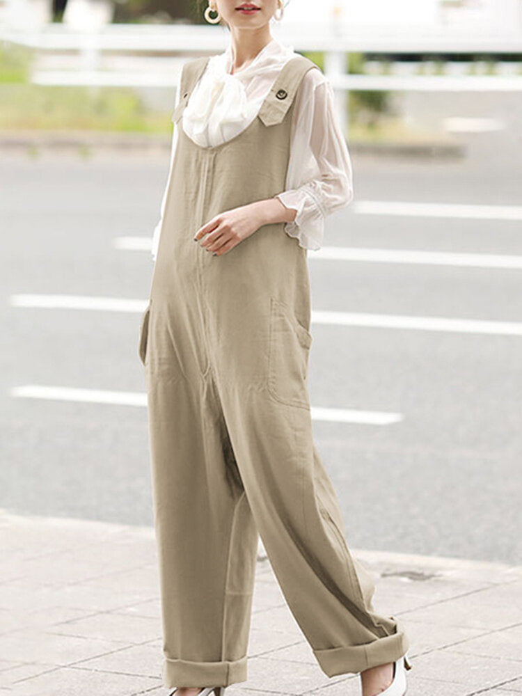 Women Casual Solid Color Streetwear Wide Straps Loose Jumpsuit With Pocket