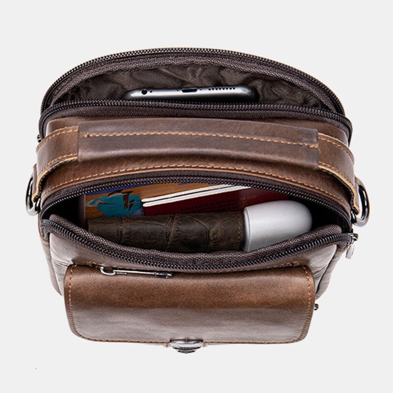 Men's Genuine Leather Anti-theft Crossbody Bag, Retro Multi-pocket Wear-resistant Shoulder Messenger