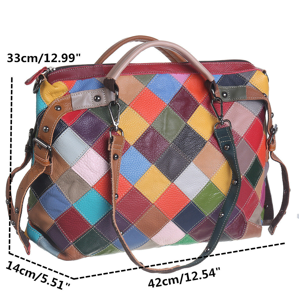 Women Genuine Leather Contrasting Color Plaid Stitching Crossbody Bag Large-capacity Waterproof Shoulder Handbag