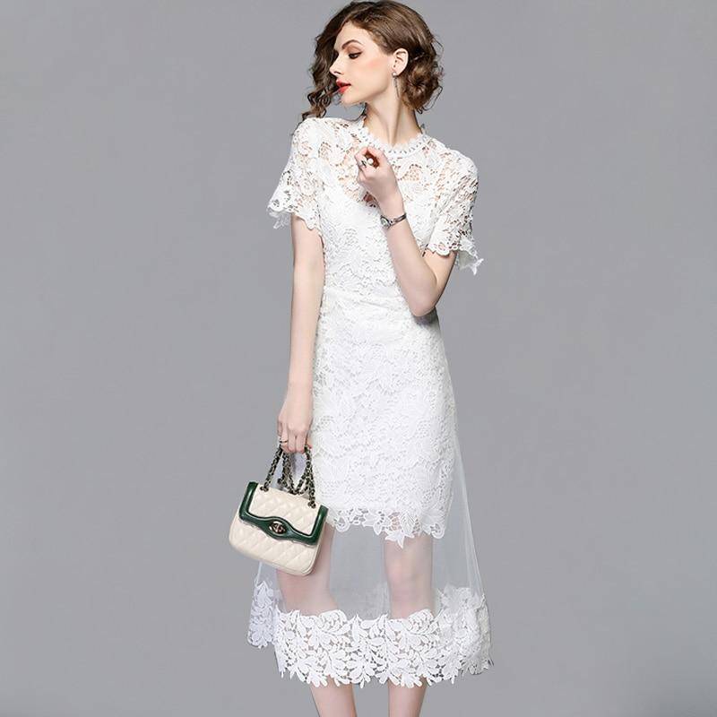 Mesh Patchwork Lace O-Neck Work Casual Dress