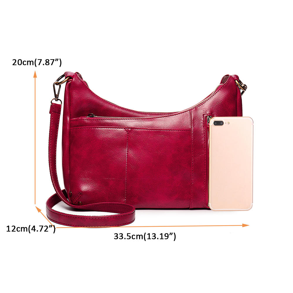 Women Multi-pockets Solid Wax Oil Skin Faux Leather Shoulder Bag Crossbody