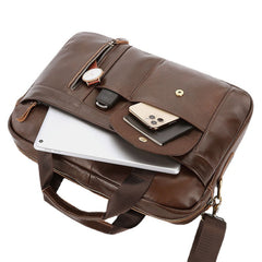 Men's Vintage Leather Laptop Bag 14" Multi-pocket Briefcase Crossbody Shoulder Handbag