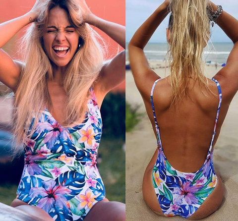 Vintage Sexy Ladies' Deep V-neck Open Back Print Brazilian Bikini One Piece