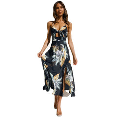 Slim-Fit V collar Floral Print Bow Dress