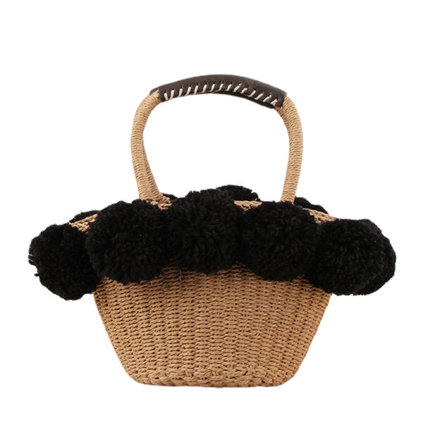 Women Travel Woven Beach Bag Cute Contrast Plush Ball Straw Handbag