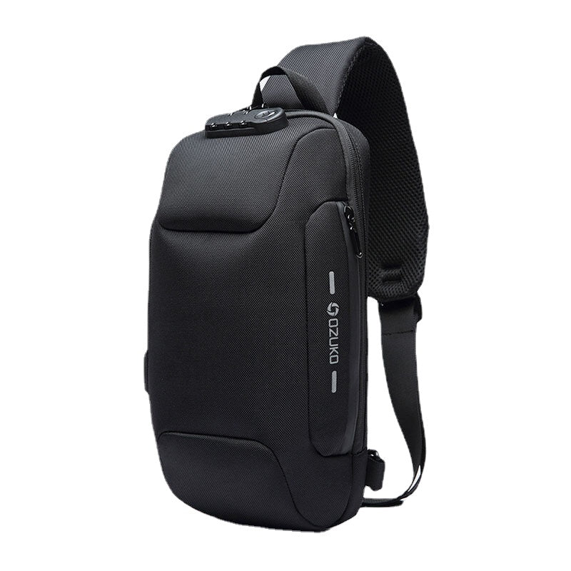 Men Oxford Password Lock Anti-theft Waterproof Reflective Design Crossbody Bag Multi-compartments USB Charging Chest Bag
