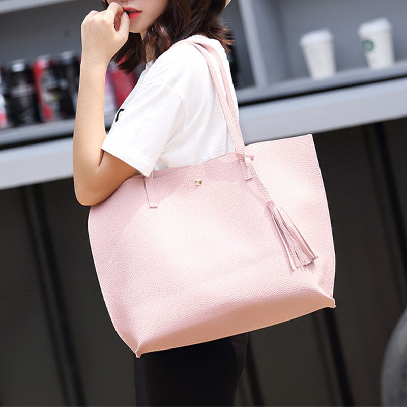 Women PU Leather Lychee Pattern Large Capacity Casual Tassel Solid Tote Shoulder Bag Handbag