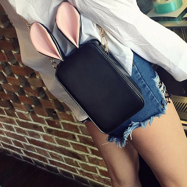 Women Cute Cartoon Rabbit Ear Chain Phone Bag Square Bucket Shoulder