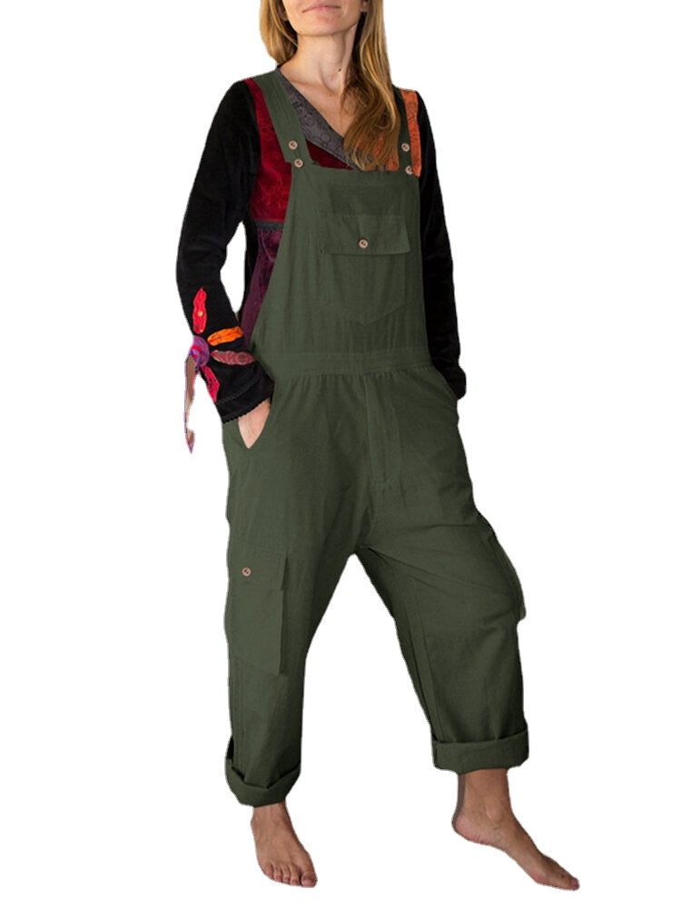 Women Solid Color Straps Button Detail Front Pocket Casual Loose Cargo Jumpsuit