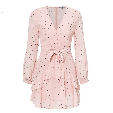 Polka Dot Pink Ruffle Mesh Long Sleeve Vintage Dresses